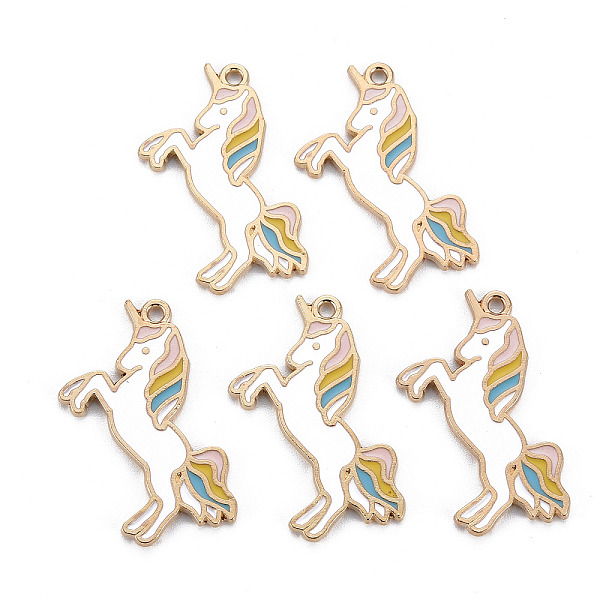 

PandaHall Alloy Enamel Pendants, Cadmium Free & Nickel Free & Lead Free, Unicorn, Light Gold, White, 31.5x17.5x1mm, Hole: 1.8mm Alloy+Enamel...