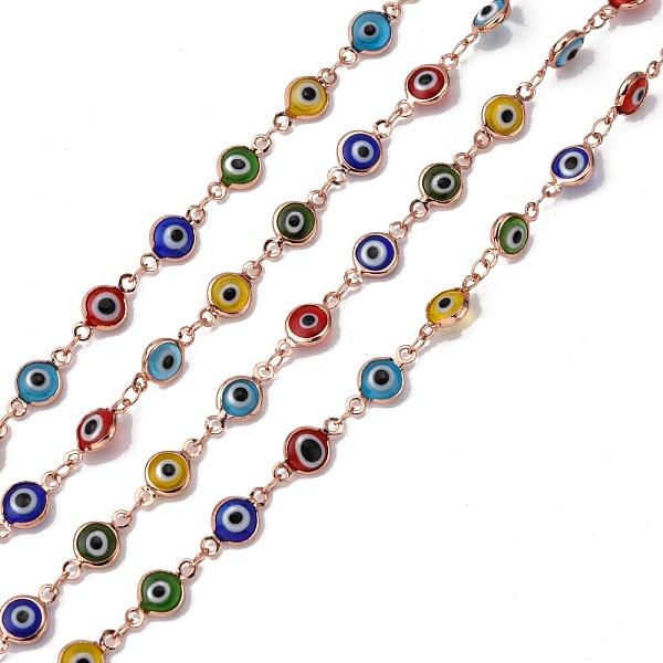 

PandaHall Handmade Flat Round Brass Lampwork Evil Eye Beaded Chains, Unwelded, with Spool, Rose Gold, 13x7x2mm, about 16.4 Feet(5m)/roll...