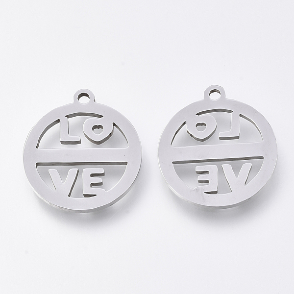 

PandaHall 201 Stainless Steel Pendants, Laser Cut Pendants, Flat Round with LOVE, Stainless Steel Color, 17x15x1mm, Hole: 1.2mm 201...