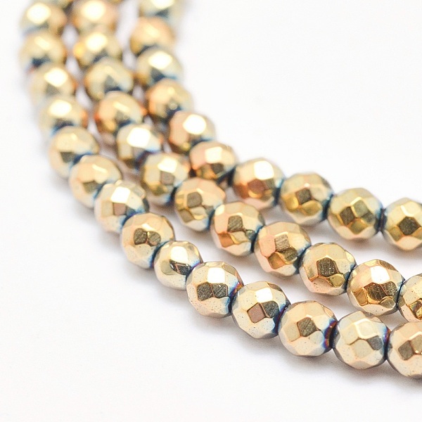 

PandaHall Electroplate Non-magnetic Synthetic Hematite Beads Strands, Grade A, Vacuum Plating, Faceted, Round, Light Gold Plated, 4mm, Hole...