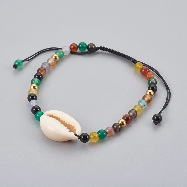 

PandaHall Natural Agate Braided Bead Bracelets, with Cowrie Shell, 2 inch~3-1/8 inch(5~8cm) Natural Agate Black