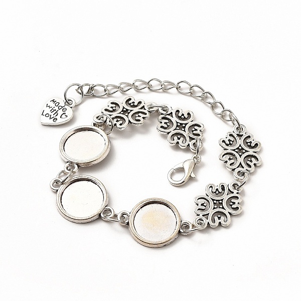 

PandaHall Alloy Bracelets & Anklets Making, Flower Link Bracelet with Heart Charm, Blank Cabochon Setting, Antique Silver, 9-1/2 inch...