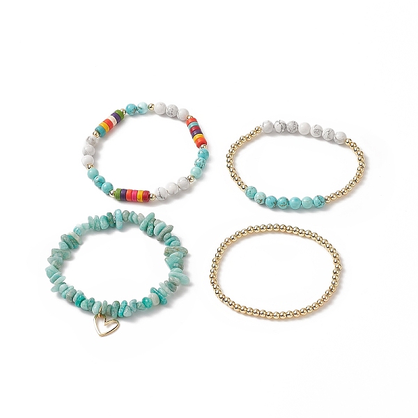 

PandaHall 4Pcs 4 Style Natural & Synthetic Mixed Gemstone Chips & Heishi Beaded Stretch Bracelets Set, Brass Heart Charm Gemstone Bracelets...