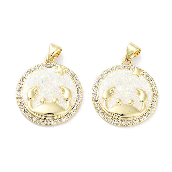 

PandaHall Brass Micro Pave Clear Cubic Zirconia Pendants, with Synthetic Opal and ABS Plastic Pearl, Real 18K Gold Plated, Flat Round with...