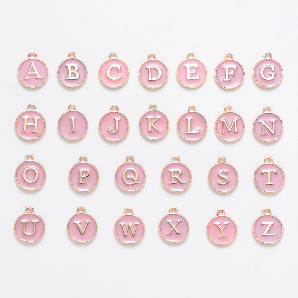 

PandaHall Initial Letter A~Z Alphabet Enamel Charms, Flat Round Disc Double Sided Charms, Pink, 14x12x2mm, Hole: 1.5mm, 26pcs/set...