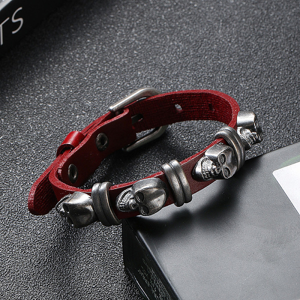 

PandaHall Cowhide Cord Bracelets, Alloy Skull Rivets Bracelets, FireBrick, 10-1/4 inch(26cm) Leather Skull Red