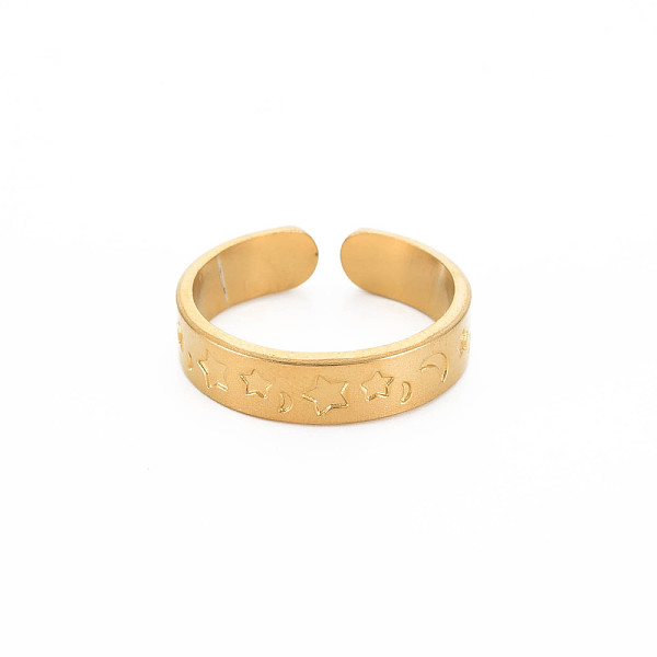 

PandaHall Ion Plating(IP) 304 Stainless Steel Moon and Star Open Cuff Ring for Women, Nickel Free, Real 18K Gold Plated, US Size 9 1/4...