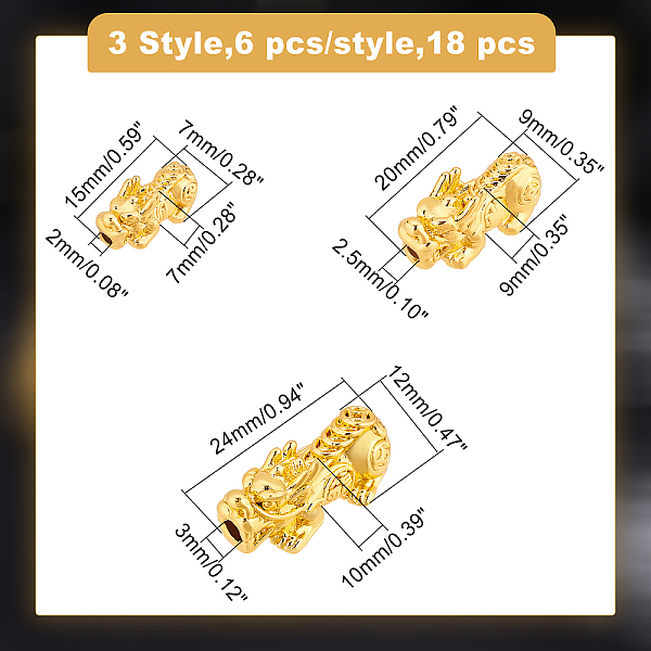 

PandaHall BENECREAT 18Pcs 3 Style 24k Gold Plated Pixiu Spacer Bead, 3D Metal Chinese Fengshui Lucky Bead for Necklaces, Bracelets, Key...