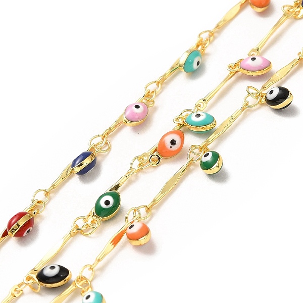 

PandaHall Brass Bar Link Chains, with Colorful Enamel Oval with Evil Eye Charms, Soldered, with Spool, Real 18K Gold Plated, 14x1.5x1mm...