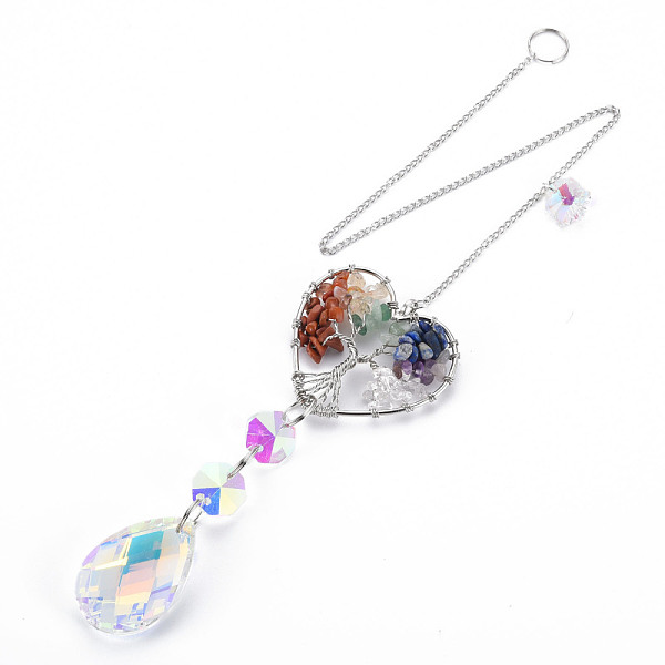 

PandaHall Natural Mixed Gemstone Big Pendants, with Platinum Brass Chain Extender and Findings, Plating Glass Teardrop & Flower, Clear AB..., White