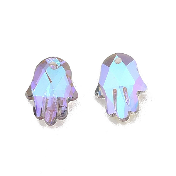 

PandaHall Electroplate Faceted Glass Pendants, Hamsa Hand, Lilac, 18x13.5x5.5mm, Hole: 1.4mm Glass Palm Purple
