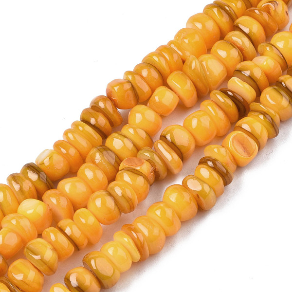 

PandaHall Natural Trochid Shell/Trochus Shell Beads Strands, Dyed, Flat Round, Goldenrod, 5~10x1~7mm, Hole: 1mm, about 94pcs/strand, 14.96''..., Gold