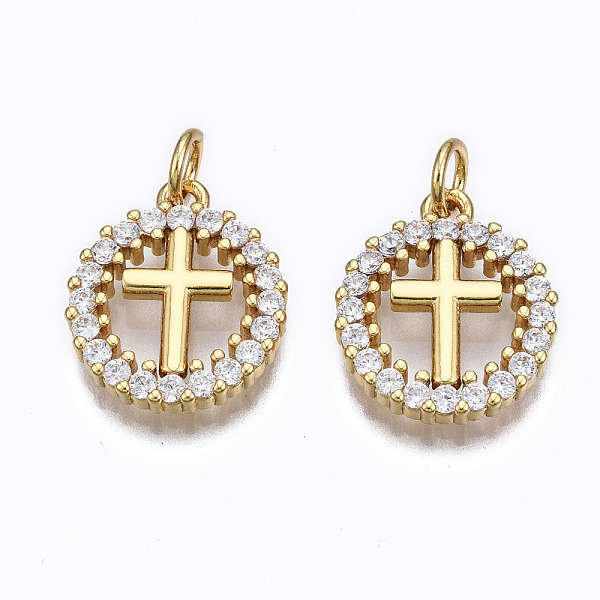

PandaHall Brass Micro Pave Clear Cubic Zirconia Pendants, with Jump Rings, Nickel Free, Ring with Cross, Real 16K Gold Plated, 16x13x3mm...