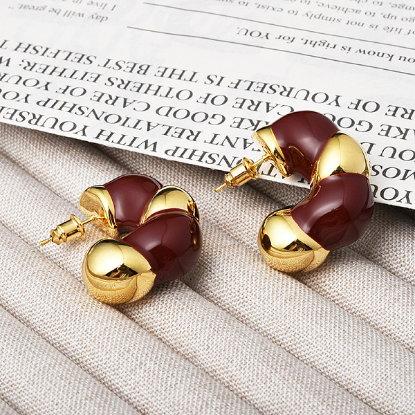 

PandaHall C-Shaped Brass Enamel Stud Earrings for Women, Real 18K Gold Plated, Dark Red, 30x12mm Brass