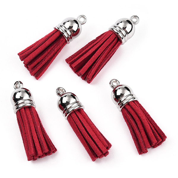 

PandaHall Faux Suede Tassel Pendant Decorations, with CCB Plastic Cord Ends, Platinum, Crimson, 33~35x10mm, Hole: 2.5mm Faux Suede Pink
