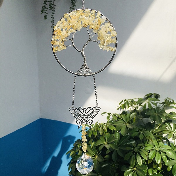 

PandaHall Glass Teardrop Pendant Decoration, Hanging Suncatchers, with Natural Citrine Chip Tree of Life, for Window Home Garden Decoration...