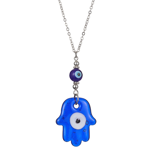

PandaHall Transparent Handmade Lampwork Religion Hamsa Hand Pendant Necklaces, Blue Evil Eye Necklace with Brass Cable Chains, Platinum...