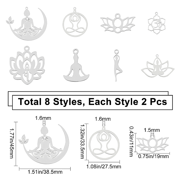 

PandaHall SUNNYCLUE 1 Box 16Pcs 8 Styles Yoga Charms OM Symbol Chakra Energy Lotus Flower Floral Root Stainless Steel Hollow Pendants Bulk...