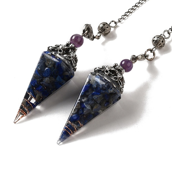 

PandaHall Natural Lapis Lazuli Dowsing Pendulum Big Pendants, with Resin, Amethyst & Quartz Crystal, Hexagonal Cone, 300mm, Hole: 1.5mm...