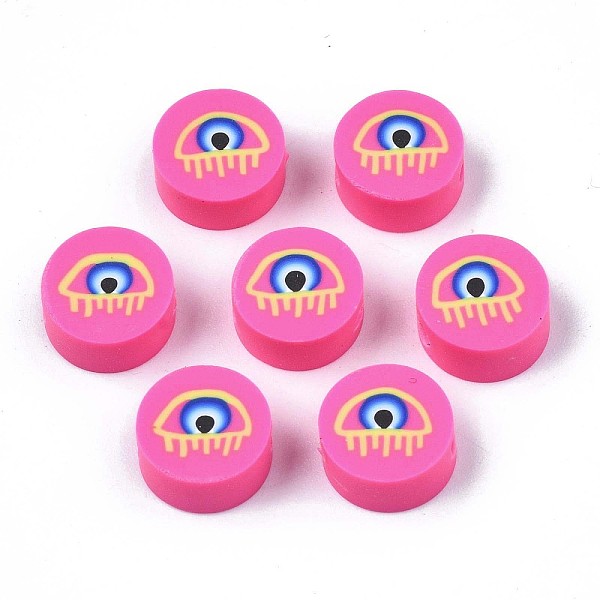 

PandaHall Handmade Polymer Clay Beads, Flat Round with Evil Eye, Hot Pink, 9.5~10x4.5mm, Hole: 1.6mm Polymer Clay Evil Eye