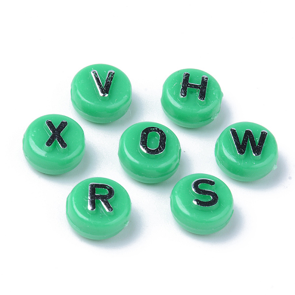 

PandaHall Opaque Acrylic Beads, Silver Metal Enlaced, Horizontal Hole, Flat Round with Random Letters, Green, 10x6mm, Hole: 2mm, about...