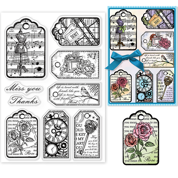 

PandaHall GLOBLELAND Vintage Labels Clear Stamps Flowers Perfume Keys Music Manuscript Bookmarks Silicone Clear Stamp Seals for Cards Making...