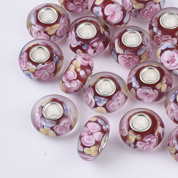 PandaHall Handmade Lampwork European Beads, Inner Flower, Large Hole Beads, with Silver Color Plated Brass Single Cores, Rondelle, Colorful...