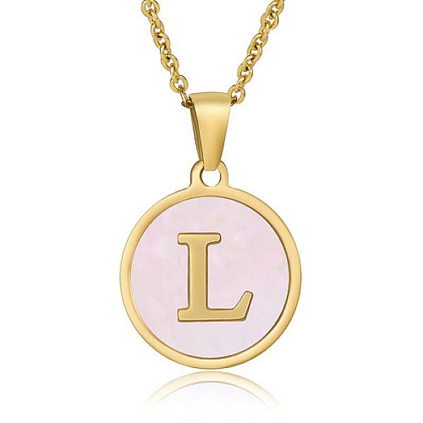 

PandaHall Natural Shell Initial Letter Pendant Necklace, with Golden Stainless Steel Cable Chains, Letter L, 17.72 inch(45cm) Shell Letter L..., Pink