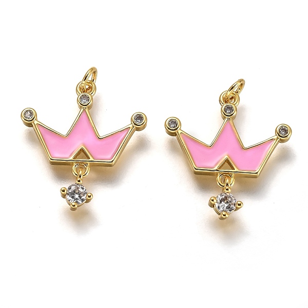 

PandaHall Brass Micro Pave Clear Cubic Zirconia Pendants, Long-Lasting Plated, with Jump Rings & Pink Enamel, Crown, Real 18K Gold Plated...