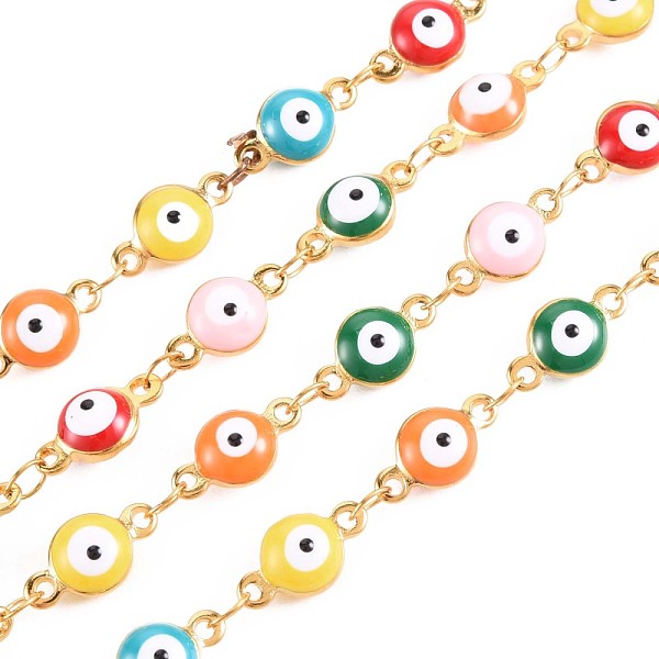 

PandaHall 304 Stainless Steel Flat Round with Evil Eye Link Chains, with Enamel, Real 18K Gold Plated, Soldered, Colorful, 11x6x4mm, about...