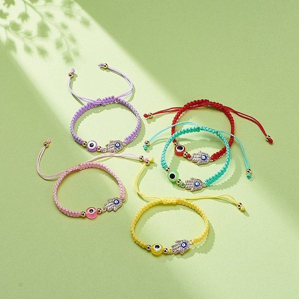 

PandaHall Adjustable Nylon Thread Cord Braided Beaded Bracelets, with Evil Eye Resin Beads and Alloy Rhinestone Hamsa Hand Beads, Mixed..., Multicolor