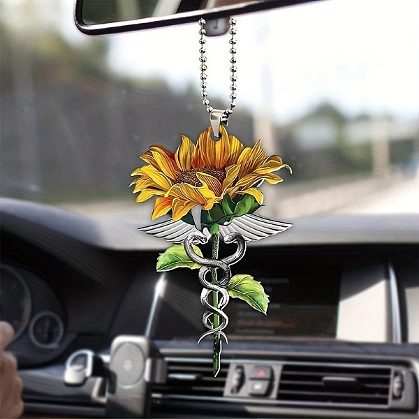 PandaHall Nurse Caduceus Sunflower Rn CNA Acrylic Pendant Decoration, for Car Rear View Mirror Hanging Ornament, 320mm, Pendant: 80x50.5x4mm...