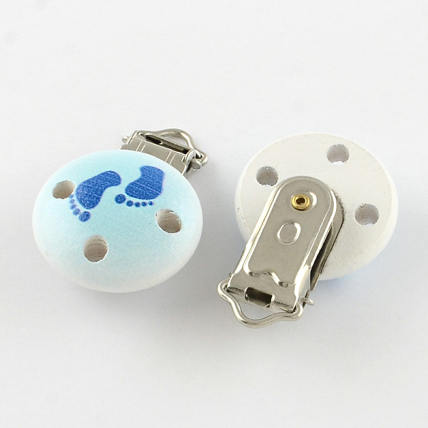 

PandaHall Flat Round Printed Wooden Baby Pacifier Holder Clip with Iron Clasp, Blue, 30mm Wood Blue