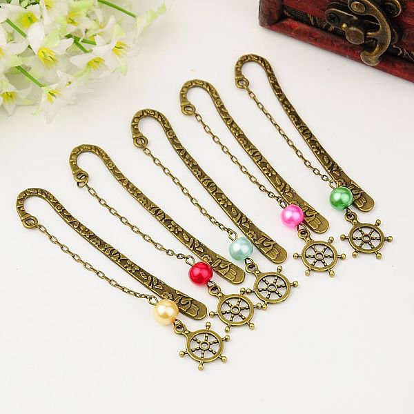 

PandaHall Tibetan Style Bookmarks/Hairpins, with Glass Pearl Beads, Iron Chains and Helm Pendants, Mixed Color, 80mm Alloy Multicolor