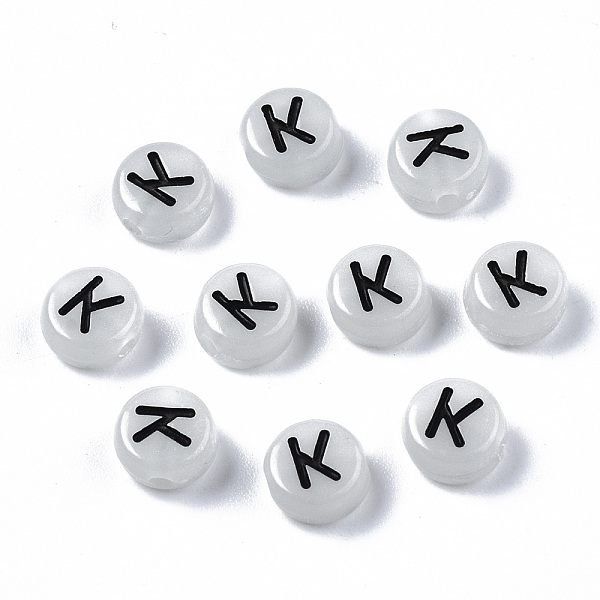 

PandaHall Acrylic Beads, with Enamel and Luminous, Horizontal Hole, Flat Round with Black Letter, Glow in the Dark, Light Grey, Letter.K...