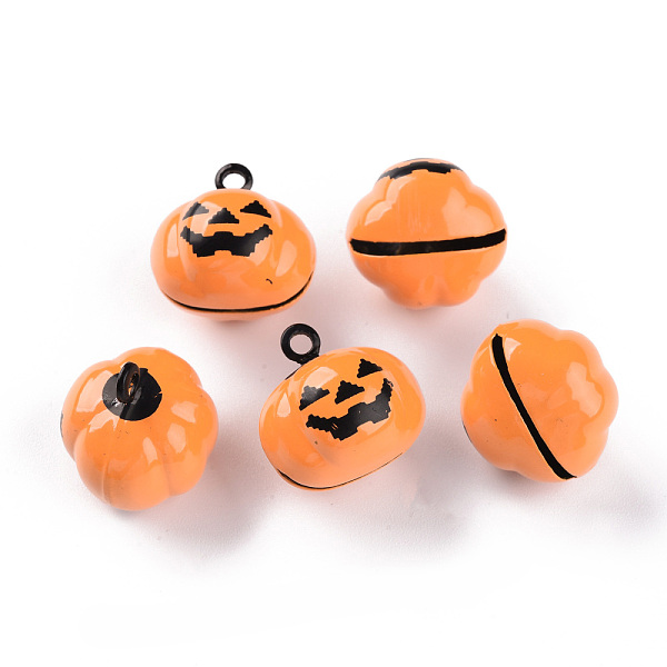 

PandaHall Halloween Baking Painted Brass Bell Pendants, Pumpkin Jack-O'-Lantern, Orange, 18.5x18.5x17mm, Hole: 2mm Brass Pumpkin Orange