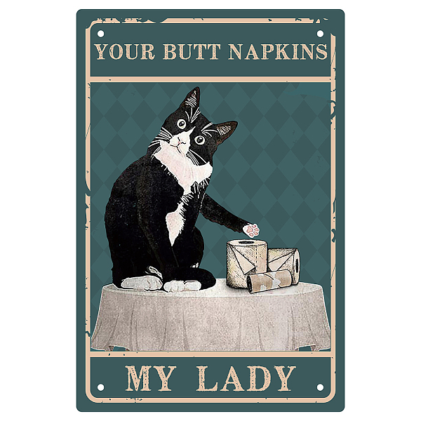 PandaHall CREATCABIN Bathroom Black Cat Metal Tin Sign Iron Sign Posters Your Napkins My Lady Art Print Retro Vintage Waterproof for...