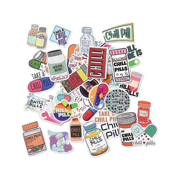 

PandaHall Cartoon Take Chill Pills Reminder Paper Stickers Set, Adhesive Label Stickers, for Water Bottles, Laptop, Luggage, Cup, Computer..., Multicolor