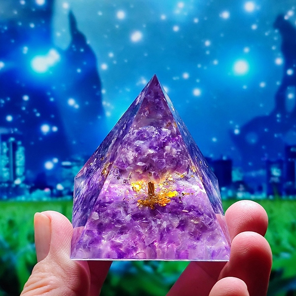 

PandaHall Orgonite Pyramid Resin Display Decorations, with Brass & Natural Amethyst Chips Tree of Life Inside, for Home Office, Blue Violet...