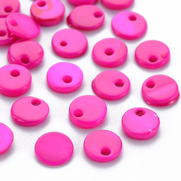

PandaHall Spray Painted Freshwater Shell Charms, Flat Round, Fuchsia, 7x1~2mm, Hole: 1.2~1.6mm Freshwater Shell Flat Round Pink