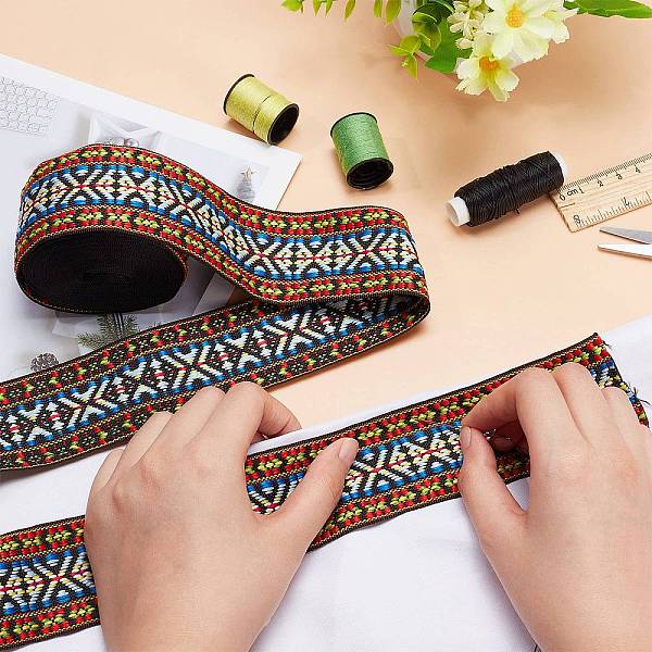 

PandaHall CRASPIRE 11 Yard Ethnic Jacquard Ribbon Trim Woven Vintage Embroidered Ribbon 1.9 inch Wide Boho Single Face Lace Fabric for DIY..., Red