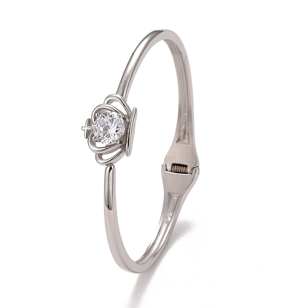 

PandaHall Clear Cubic Zirconia Crown Cuff Bangle, 304 Stainless Steel Hinged Open Bangle for Women, Stainless Steel Color, Inner Diameter...