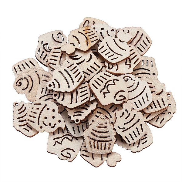 PandaHall Unfinished Wood Piece Decorations, DIY Craft Supplies, Cake, Antique White, 2.8~3x2.2~2.6x0.25cm, Hole: 2mm Wood