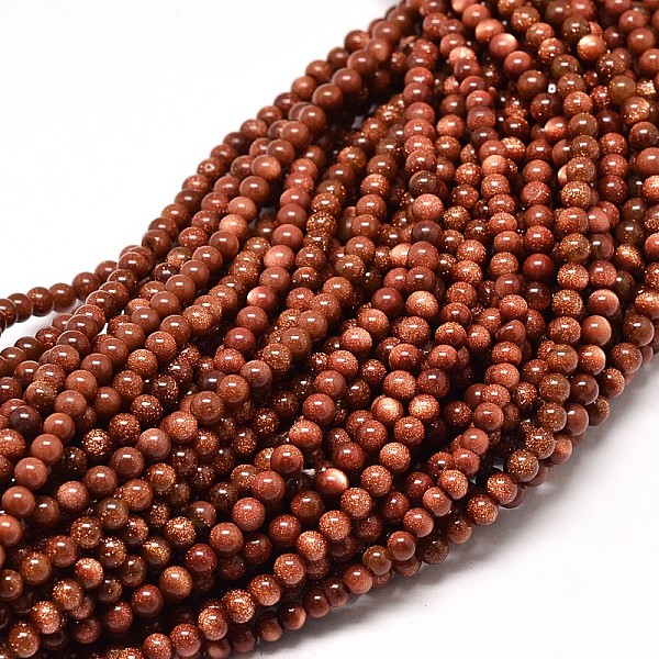 

PandaHall Synthetic Goldstone Round Bead Strands, 4mm, Hole: 1mm, about 98pcs/strand, 16 inch Goldstone Round