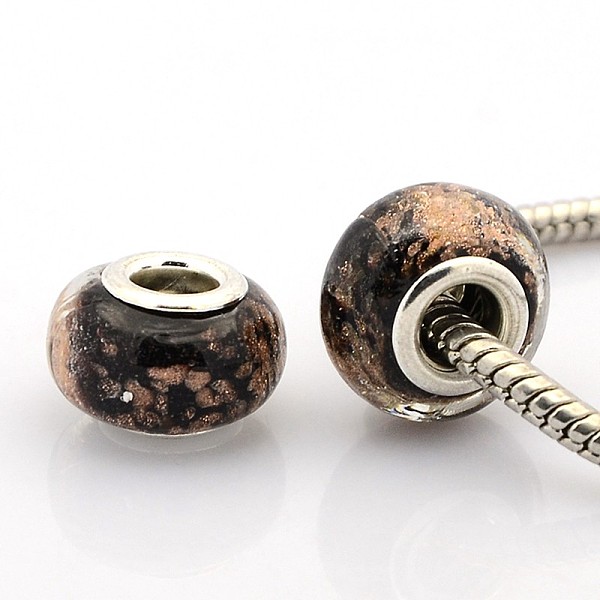 

PandaHall Mixed Handmade Lampwork Gold Sand European Large Hole Rondelle Beads, with Silver Color Plated Brass Double Cores, Mixed Color..., Multicolor