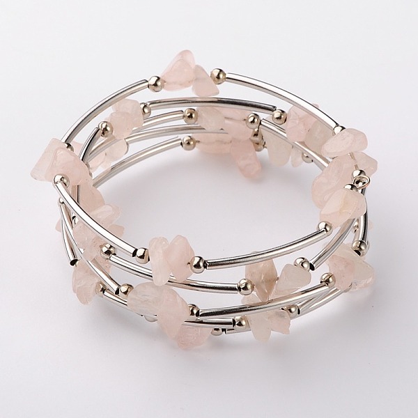 

PandaHall Gemstone Chip Warp Bracelets, Steel Bracelet Memory Wire with Brass Tube Beads and Iron Round Beads, Platinum, Rose Quartz, 53mm..., Red