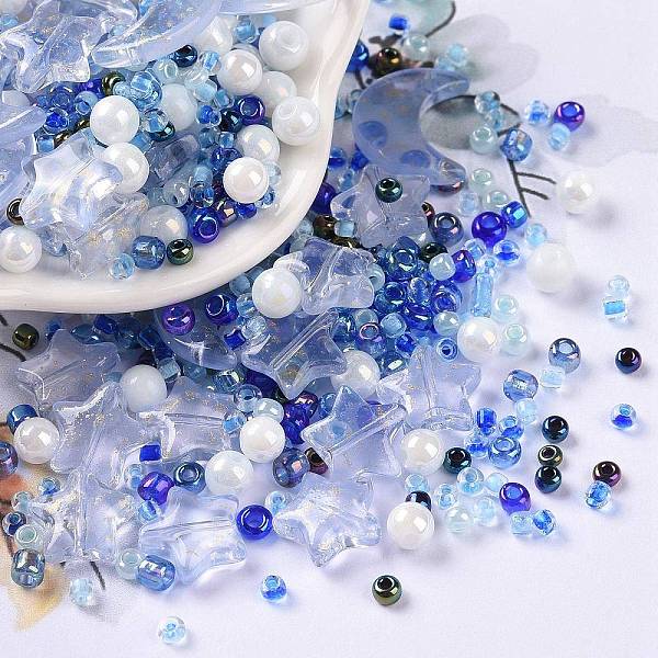 

PandaHall DIY Jewelry Making Finding Kit, Glass & Seed Beads, Round & Star & Moon, Blue, 2~16x2~12x3~7mm, Hole: 0.8~1.2mm Glass Blue