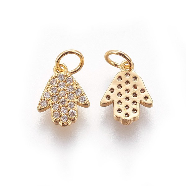 

PandaHall Brass Micro Pave Cubic Zirconia Charms, Hamsa Hand/Hand of Fatima/Hand of Miriam, Clear, Golden, 11.5x8.5x2mm, Hole: 3mm...