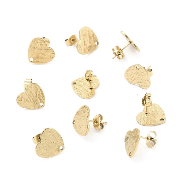 

PandaHall Ion Plating(IP) 304 Stainless Steel Stud Earring Findings, with Ear Nuts, Textured Heart, Real 18K Gold Plated, 12x13mm, Hole...