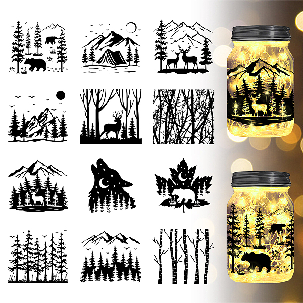 

PandaHall GLOBLELAND 12Pcs Forest Animals Silhouette Jar Cutouts Stickers Window Stickers Mountain ad Trees Plastic Silhouette Wall Stickers...